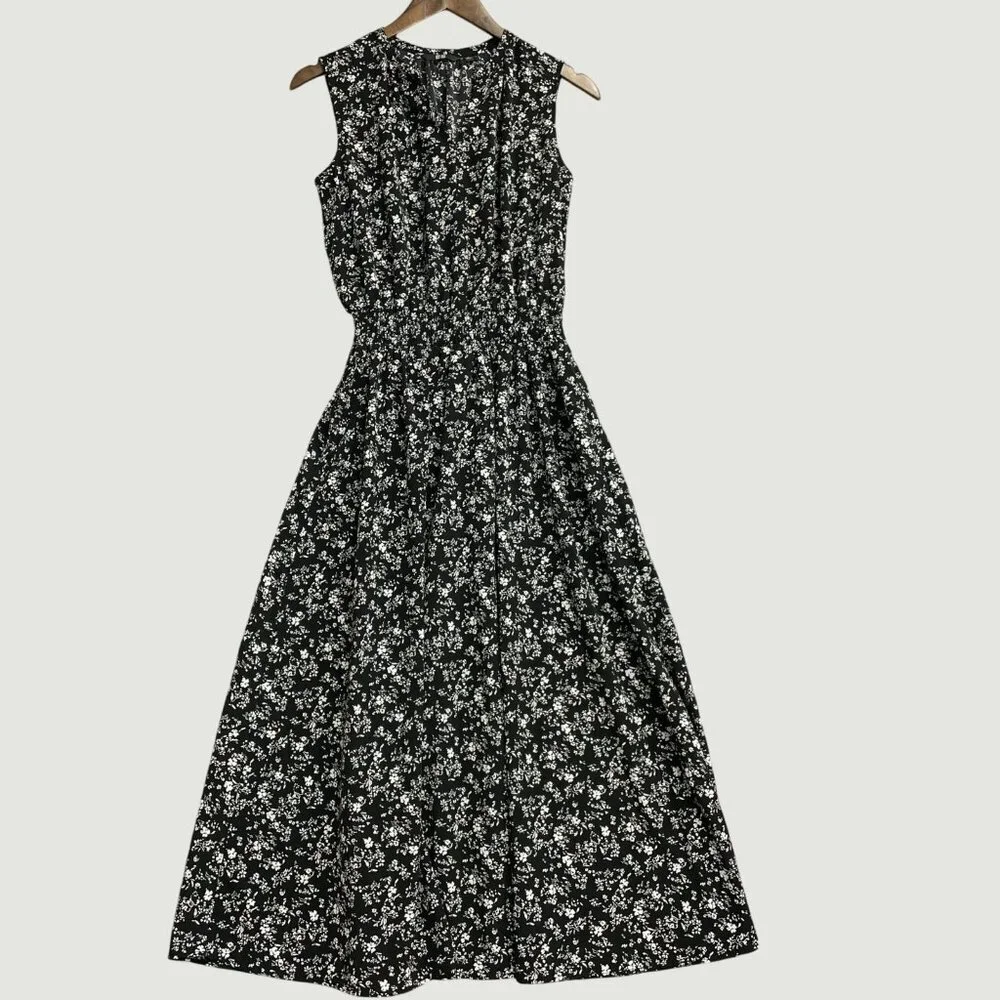 Uniqlo Sleeveless Black & White Floral Midi Dress Polyester M0076 - Picture 1 of 11